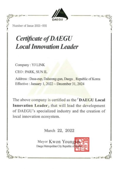 Certificate of Daegu Local Innovation Leader